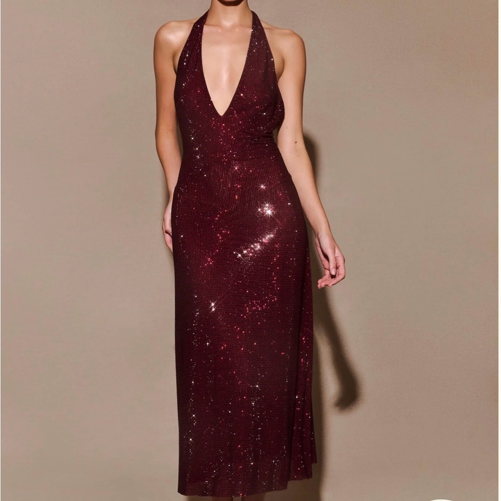 Meshki Burgundy Sequin Backless Halter Midi Dress